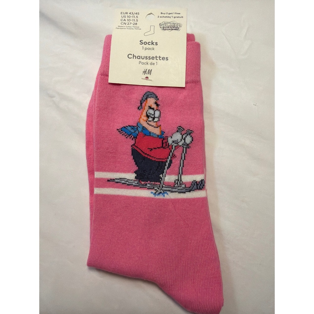 H&M SpongeBob SquarePants Patrick Star Skiing Pink Crew Socks US 10-11.5 NEW